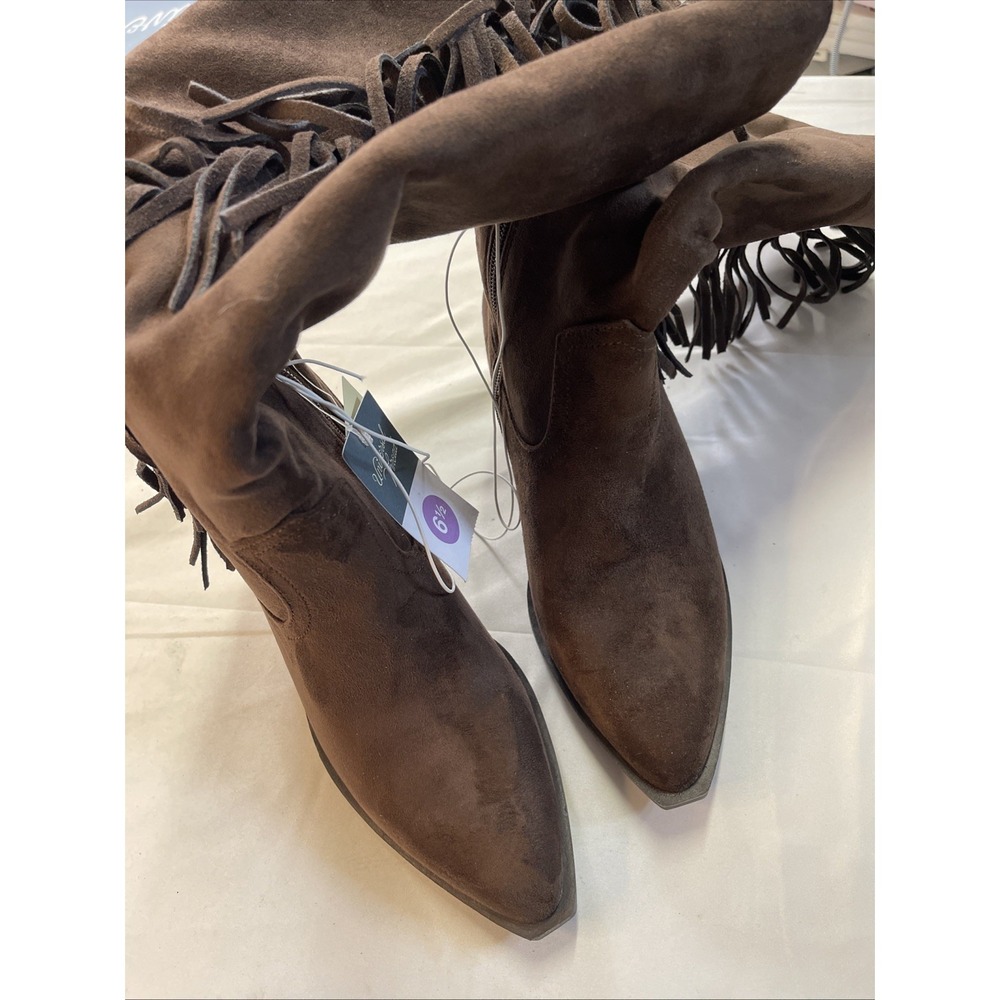 Universal Thread Brown Knee High Western Boots Fringe‎ Faux Suede Zip Size 6 1/2